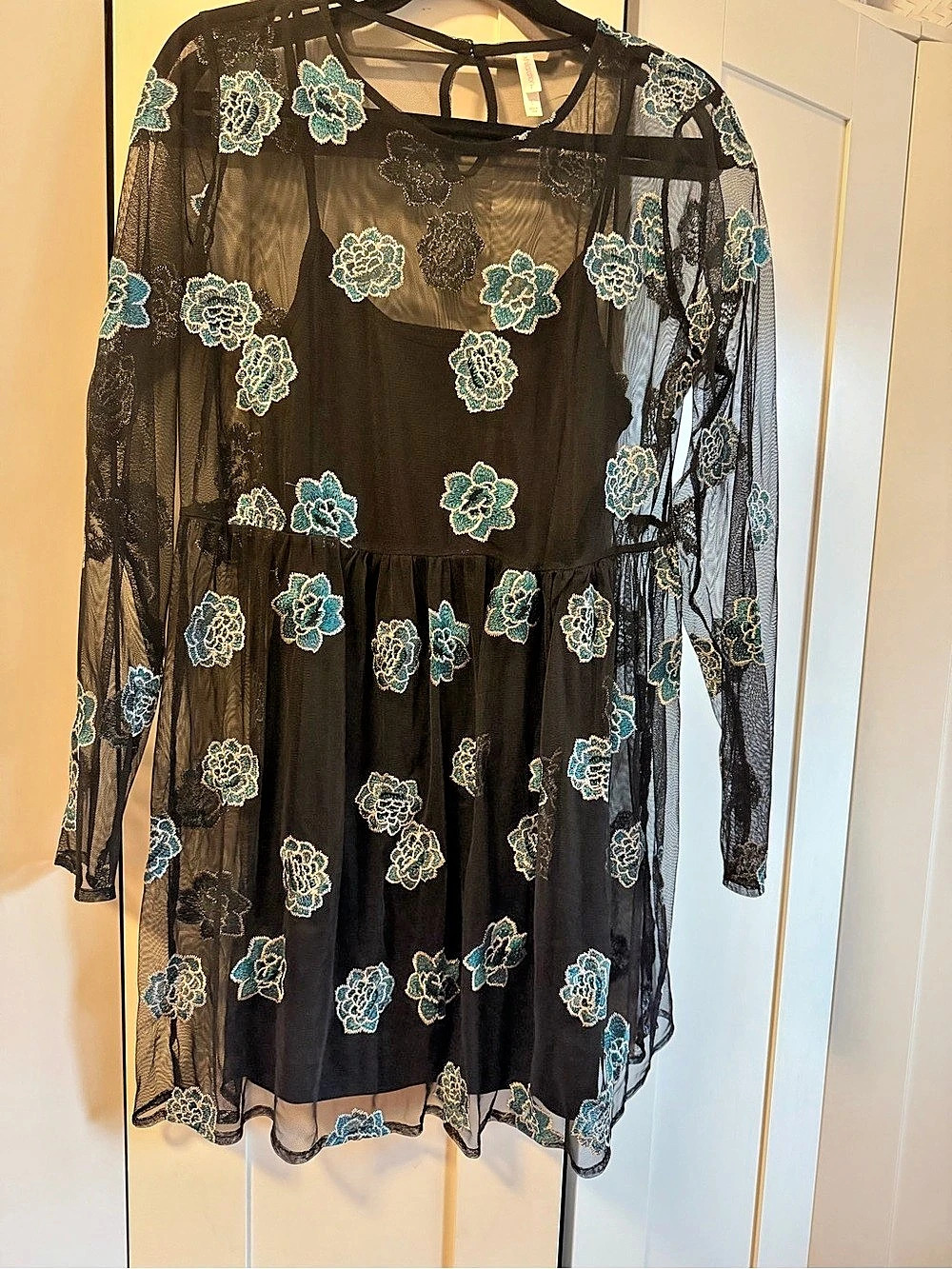Floral Sheer Mini Dress in Black & Blue Like New